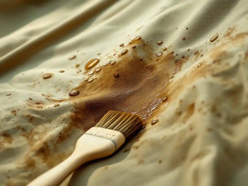 Versleten beige tentdoek wordt gereinigd met borstel, donkere vlek verdwijnt en toont schoon weefsel eronder