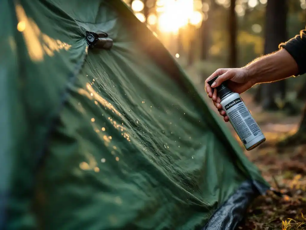 Handen die beschermende spray aanbrengen op groen tentdoek met waterdruppels, gouden zonlicht door bomen