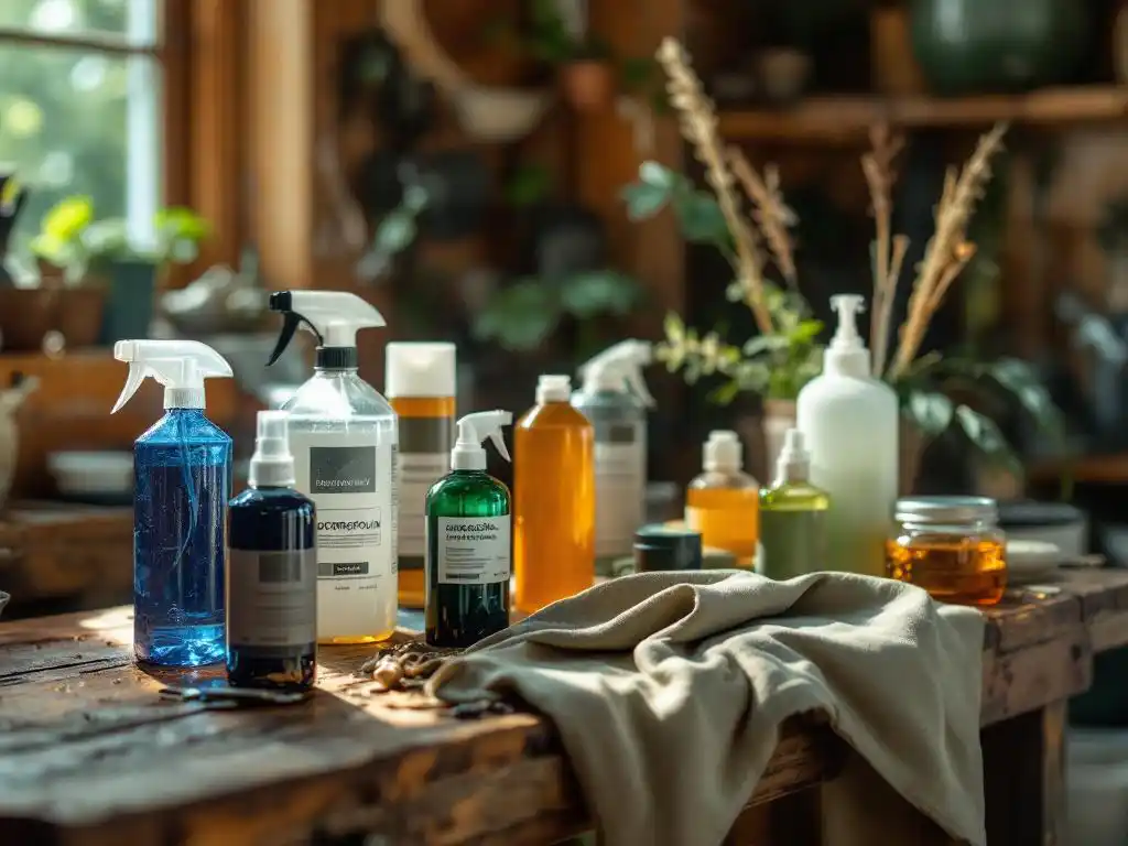 Waterproofing sprays en containers op houten werkbank met tentdoek waarop waterdruppels parelend zichtbaar zijn