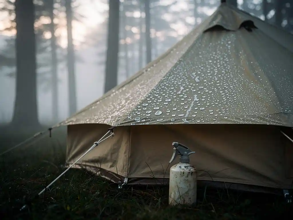 Katoenen canvas tent in mistig boslandschap met waterdruppels op behandeld tentdoek, ochtenddauw glisteert op gespannen panelen.