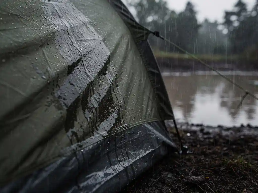 Doorweekte tent met water dat door het canvas sijpelt tijdens hevige regenval, donkere natte plekken op het tentdoek zichtbaar.
