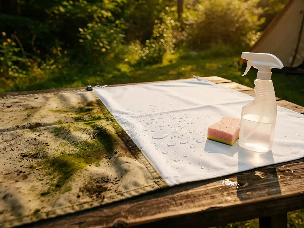 Verweerde tentdoek op houten tafel: linkerhelft met groene algenвлека, rechterhelft waterafstotend na behandeling met spray.Let me redo this properly:Verweerd tentdoek op houten tafel, links algenвлека, rechts waterparels na impregneerbehandeling, spuitfles en spons ernaast.Let me write this cleanly:Verweerd tentdoek op houten campingtafel, helft met groene algevlekken, helft met waterparels na impregneren, spuitfles en spons erbij.