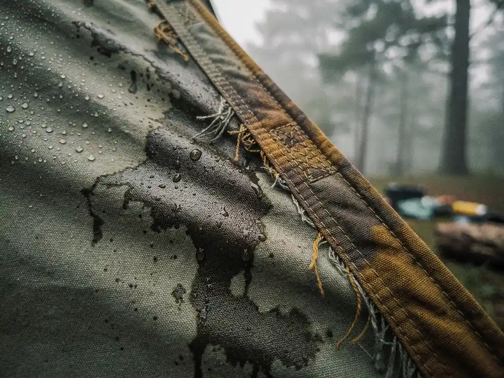 Verouderd tentdoek met waterdruppels die in de stof trekken en donkere vochtplekken op verweerde canvas in mistig kampeerterrein.