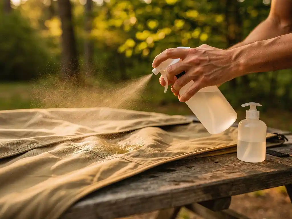 Handen die waterafstotende impregneerspray aanbrengen op een beige canvas tent, liggend op een houten picknicktafel in een groene camping.