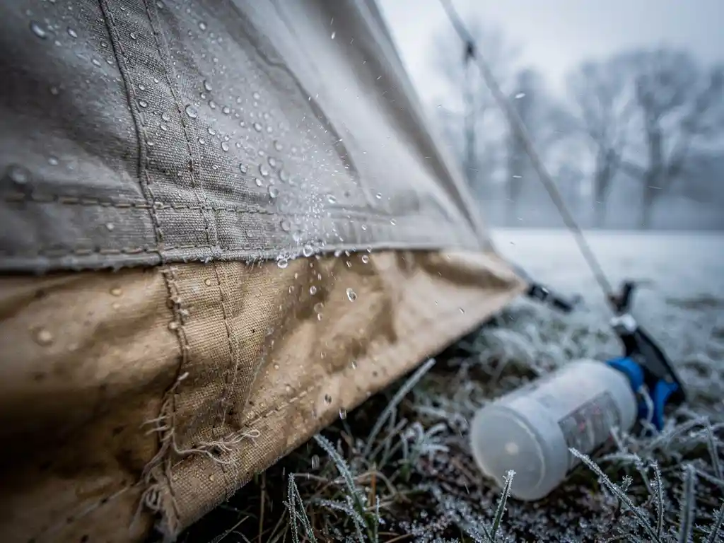 Verweerde canvas tent die wordt ingespoten met waterafstotende spray, druppels parelen op het stof, winterse mistige achtergrond.