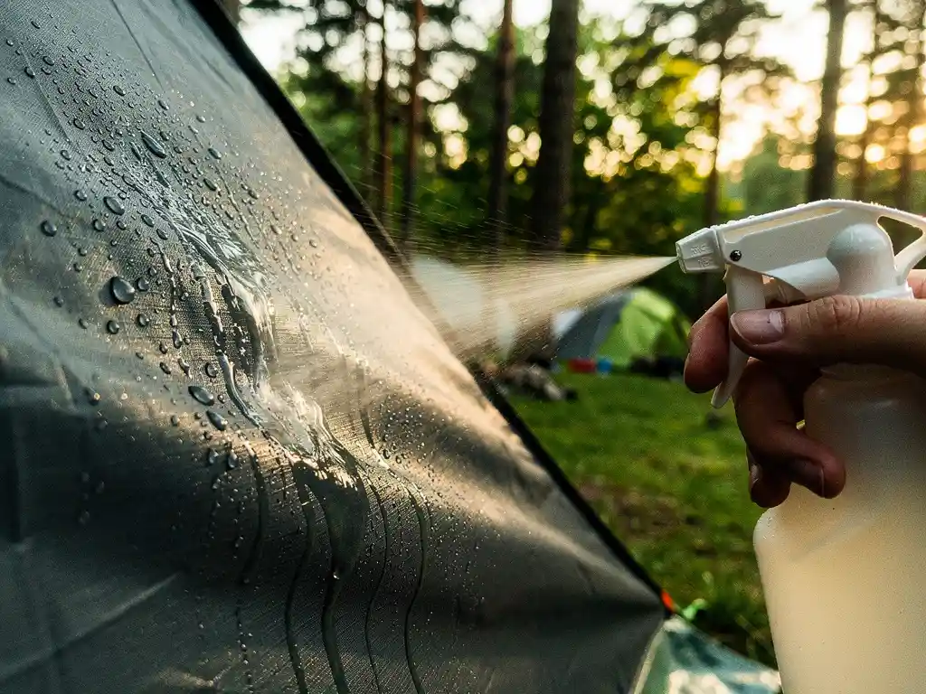 Nylon tentdoek behandeld met impregneerspray, waterdruppels parelen af op de stof, groene camping met dennenbomen op de achtergrond.
