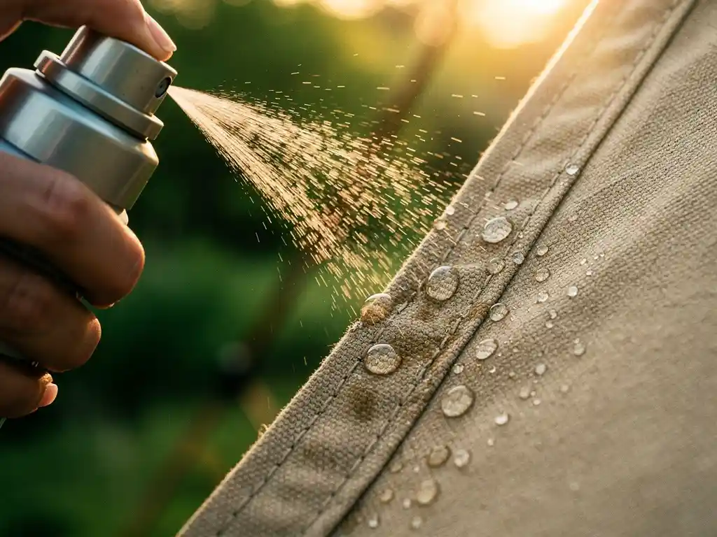 Waterdruppels parelend op een behandelde tentzeil na het aanbrengen van impregneerspray, close-up in warm middaglicht.