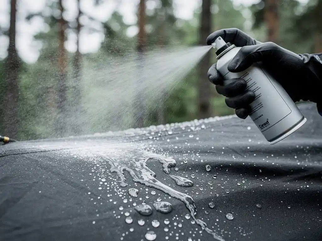 Gehandschoende hand die waterafstotend spray aanbrengt op donker tentdoek, met parelende waterdruppels op behandeld canvas.