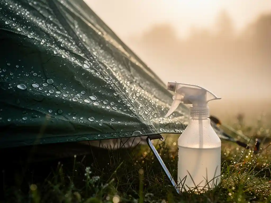 Waterafstotende tent met parelende waterdruppels op het canvas, spuitfles impregneerproduct tegen een tentpin in ochtenddauw.