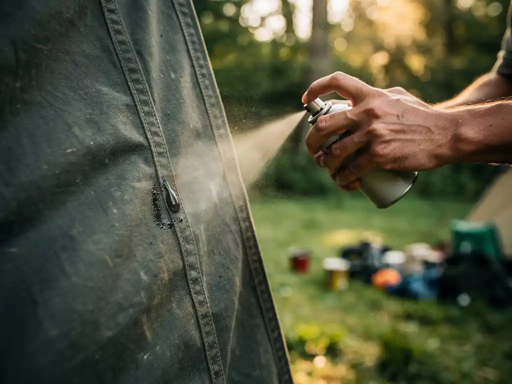 Handen die een verweerde canvas tent impregneren op een groen kampeerterrein, met waterdruppel die parelt op de behandelde stof.
