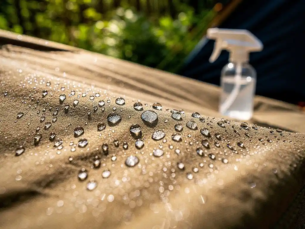 Waterdruppels parelend op behandeld canvas tentdoek na impregneerbehandeling, met spuitfles op de stof in groene camping omgeving.