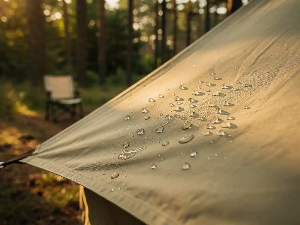 Geïmpregneerde canvas tent in bosopen plek met waterdruppels op het strakke tentdoek, warme ochtendzon en dennenbomen op de achtergrond.