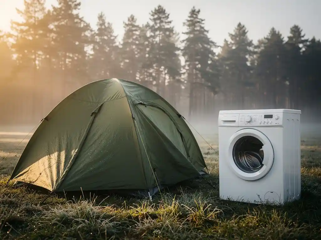 Kampeertent op dauwnat gras naast een witte wasmachine, omgeven door dennenbomen in ochtendmist.