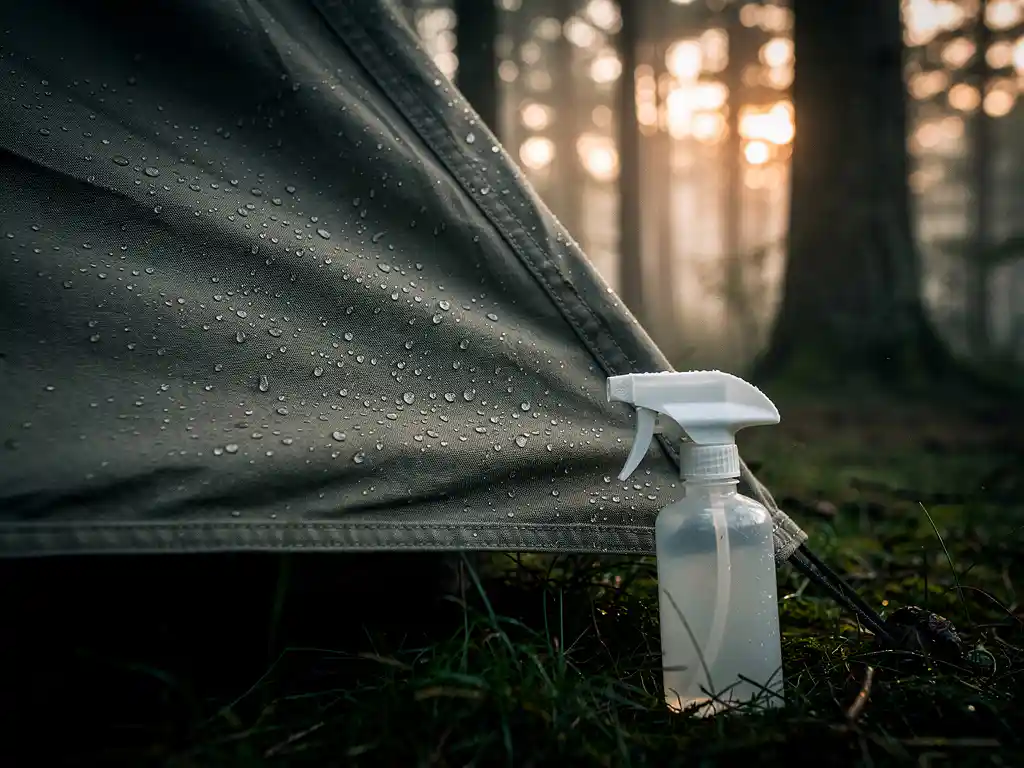 Verweerde kampeertent in mistig bosopen plek met waterdruppels op behandeld canvas, spuitfles op het natte gras ernaast.