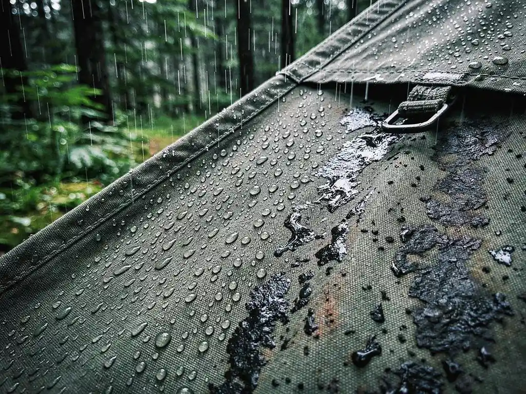 Verweerd canvas tent in hevige regen, half waterafstotend met parelende druppels, half doorweekt, bosrijke kampeerlocatie op de achtergrond.
