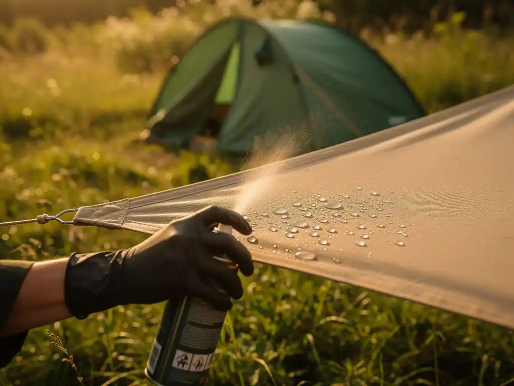 Gehandschoende hand die waterafstotend impregneerproduct sproeit op tentdoek, waterdruppels parelend af op behandeld canvas.