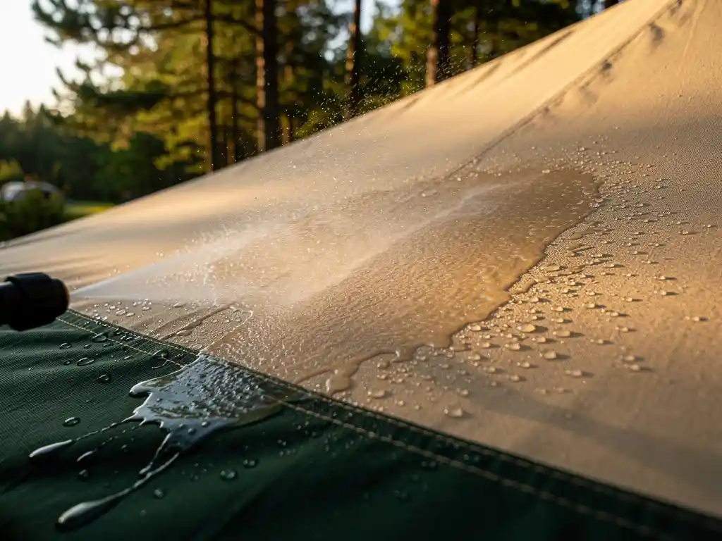 Waterafstotend middel gespoten op groen canvas tentdoek, druppels parelend op strak gespannen stof, dennenbomen op de achtergrond.