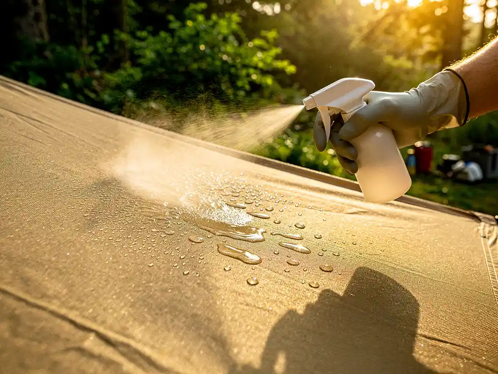 Gehandschoende hand die waterafstotend spray aanbrengt op tentdoek, met druppels die van het canvas afrollen en een groen kamp op de achtergrond.