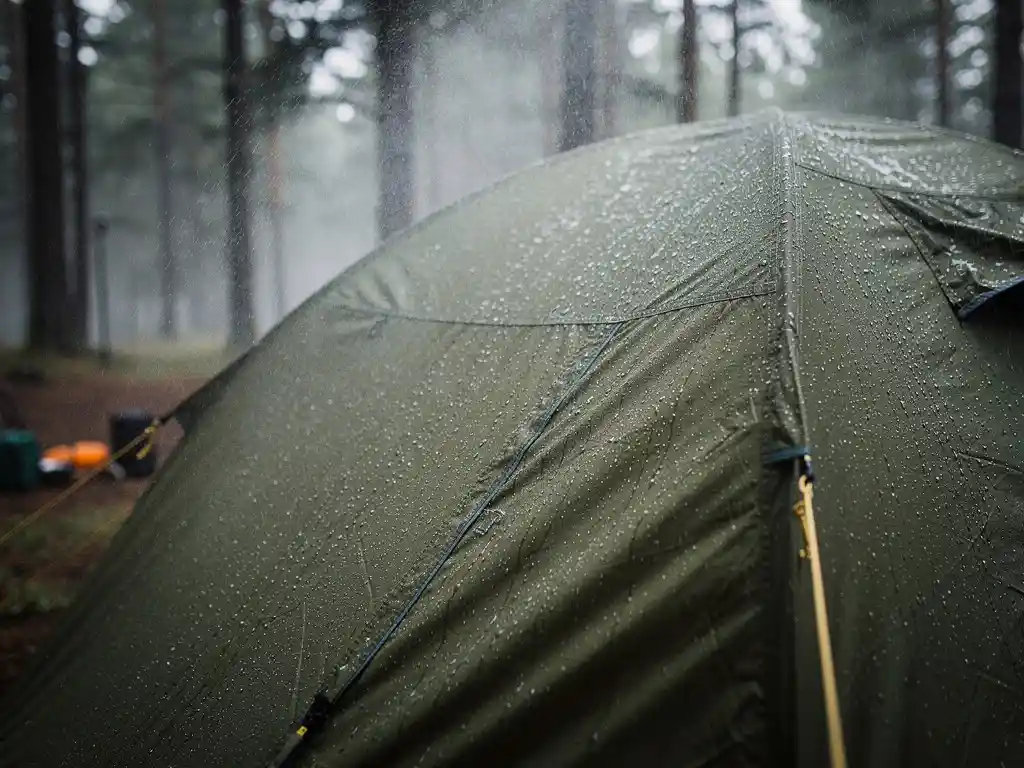 Olijfgroen kampeertent bespoten met waterafstotende spray, waterdruppels glinsterend op het natte canvas in een mistig bos na regen.