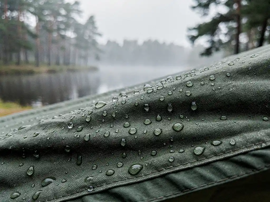 Waterdruppels parelend op een geïmpregneerd canvas tentdoek bij een mistig Nederlands meer, omringd door dennenbomen.