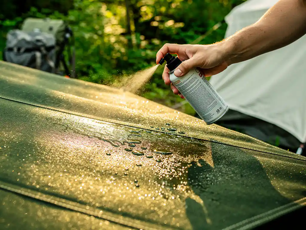 Hand die waterafstotende impregneerspraay aanbrengt op canvas tent, waterdruppels parelend op behandeld tentdoek, groene camping op achtergrond.