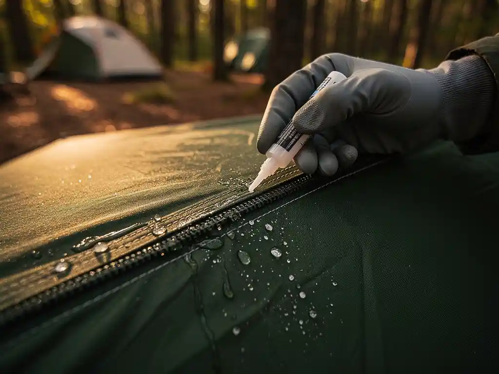 Gehandschoende hand die naadafdichter aanbrengt op een natte canvas tent, met waterdruppels op de behandelde stof en een bosachtergrond.