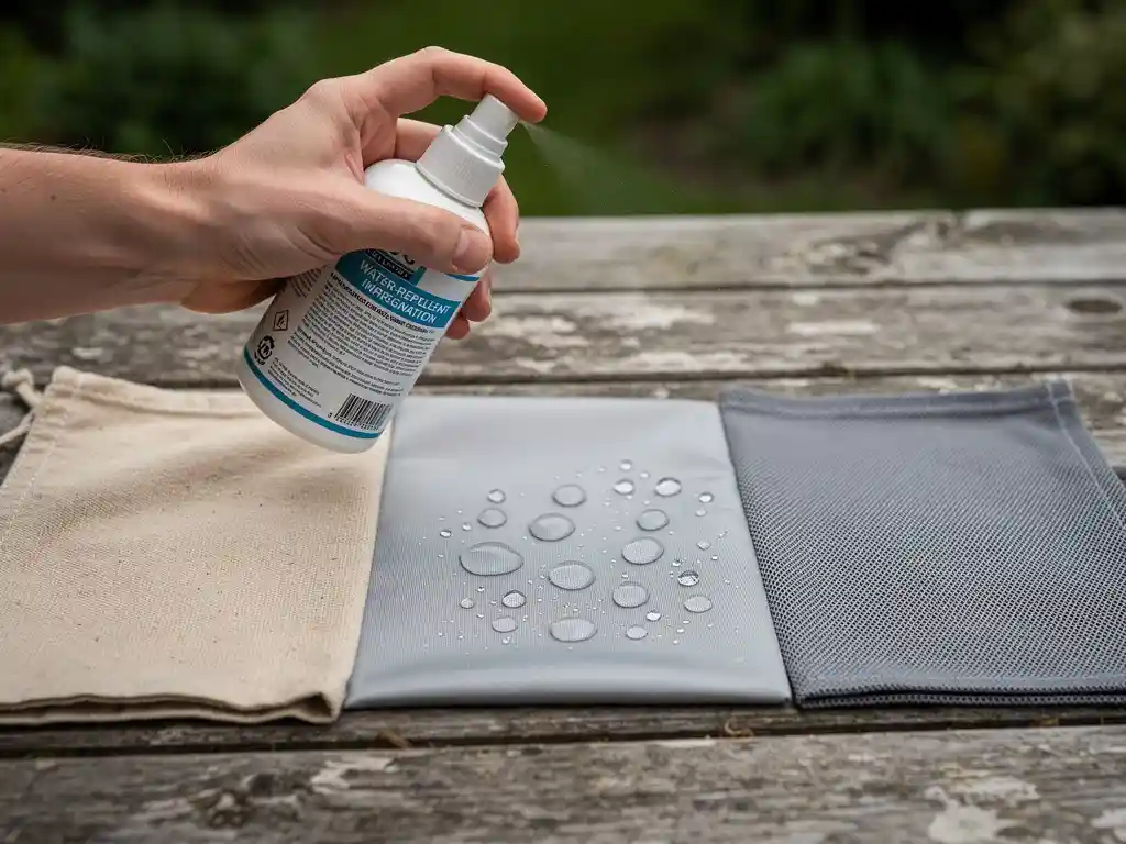 Hand met spray impregneermiddel boven canvas-, polyester- en nylon stofstalen op een verweerde houten tafel, water parelt op behandeld materiaal.