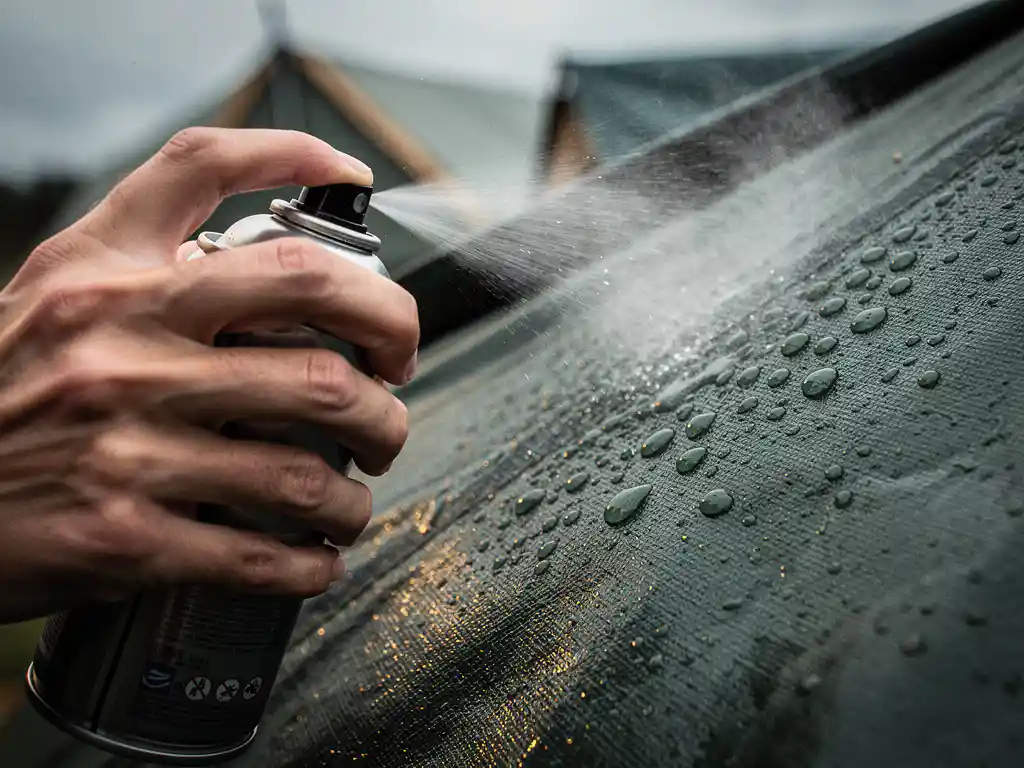 Hand die waterafstotende spray aanbrengt op groen canvas tent, waterdruppels parelend op behandeld tentdoek, kampeeruitrusting op achtergrond.