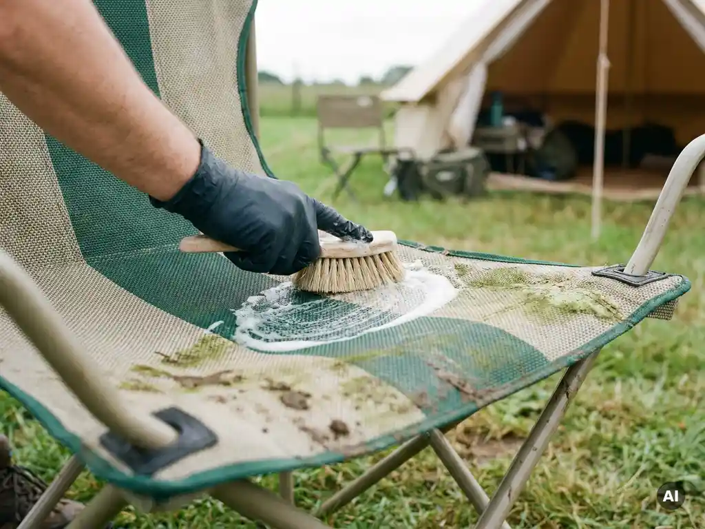 Campingstoel van stof met groene algen en vuilresten wordt geschrobd met zeepschuim op geweven textiel.
