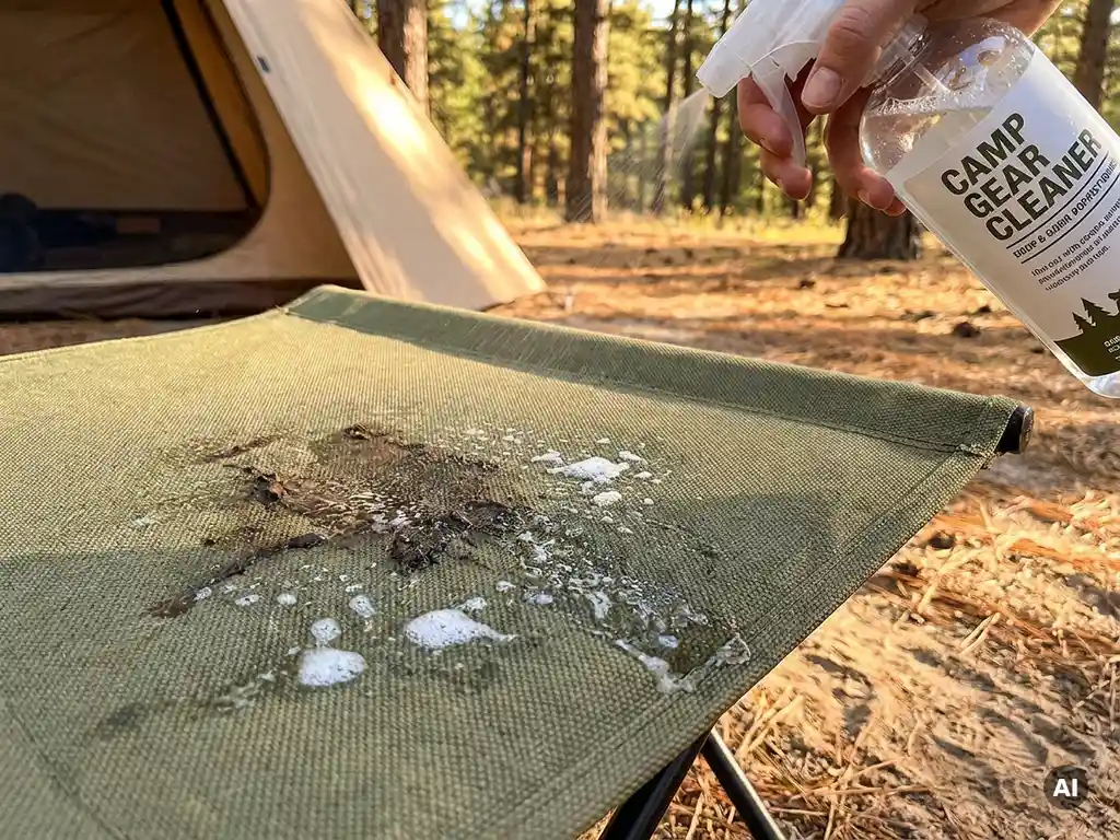 Modderige vlek op een stoffen campingstoel behandeld met reinigingsspray, schuim zichtbaar op geweven textiel, zonnige camping op de achtergrond.