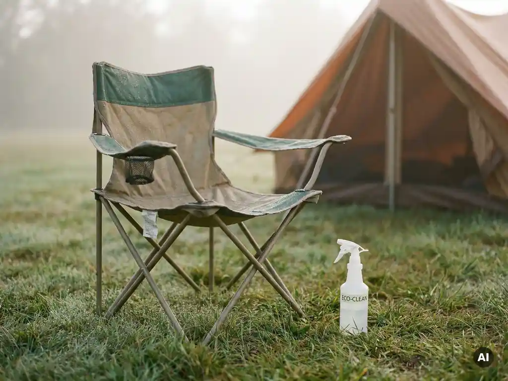 Versleten campingstoel met vervaagd stof op dauwnat gras naast een fles reinigingsmiddel, tent op de achtergrond.