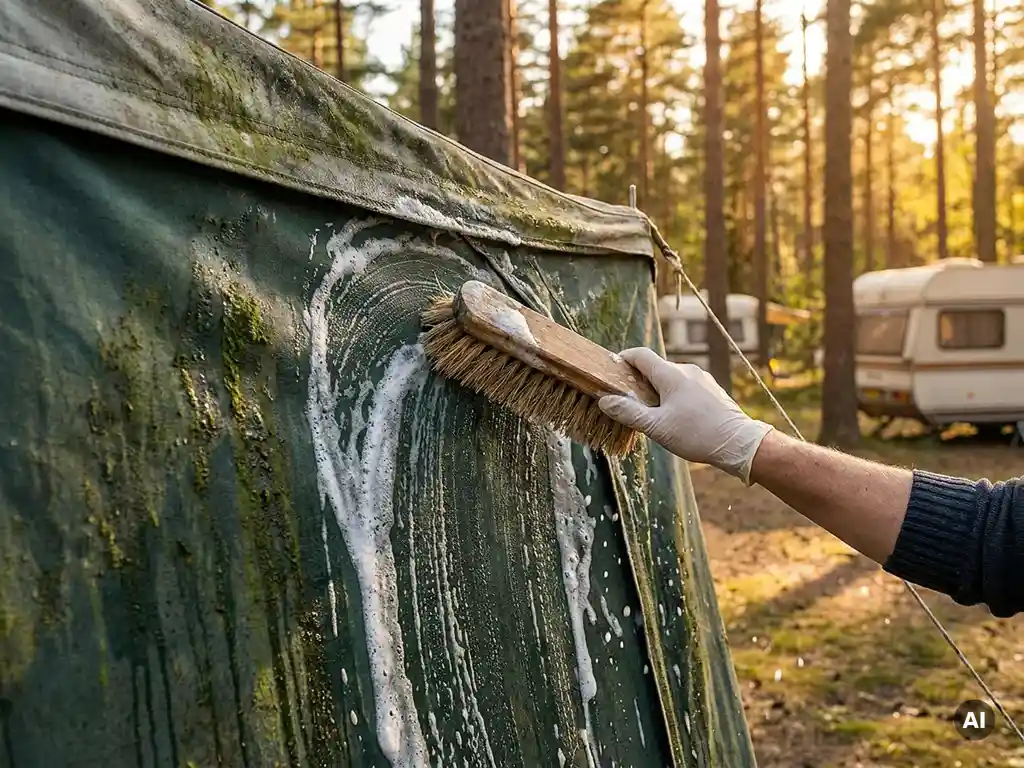 Camperawning met groene algen en mos wordt schoongeschrobd met een stijve borstel, zeepschuim zichtbaar in middagzon.