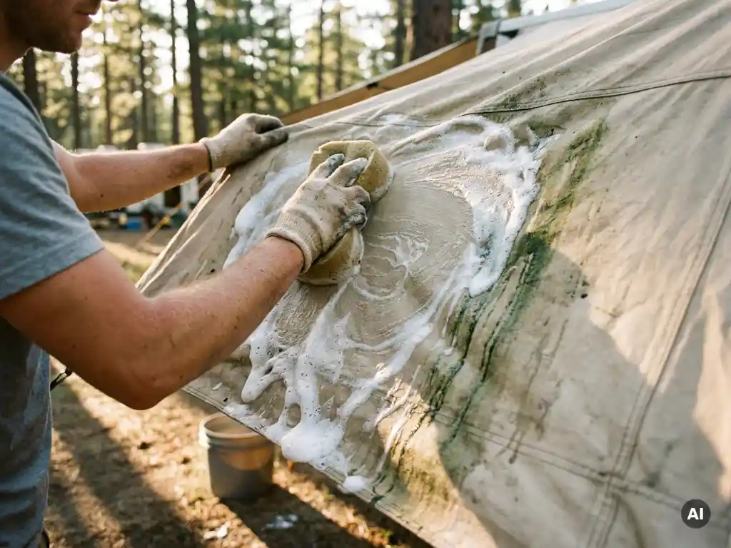 Persoon die groene algevlekken van een beige camperawning scrobt met een spons en zeepschuim, zonnige camping met dennenbomen op de achtergrond.