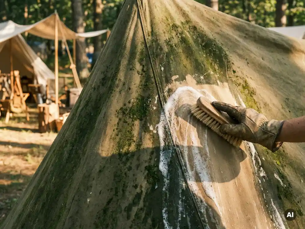 Gehandschoende hand die reinigingsmiddel aanbrengt op een verouderd tentdoek bedekt met groene algen en mos.
