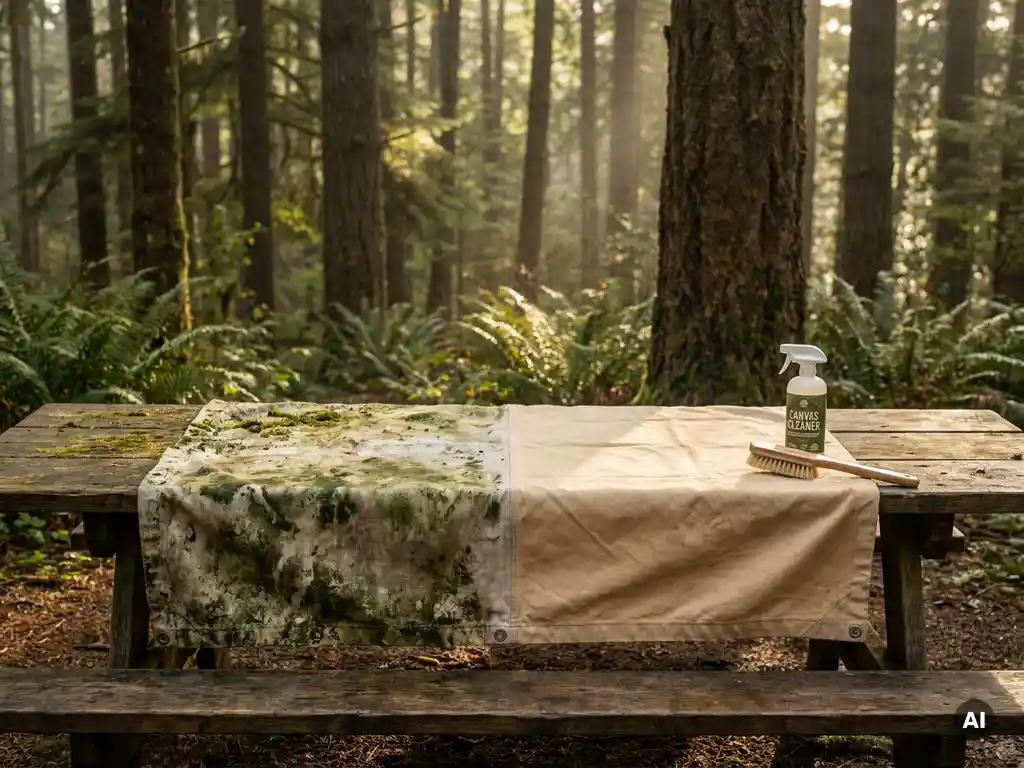 Tentdoek op houten picknicktafel, half bedekt met groene algen en mos, half schoongemaakt, met spuitfles en borstel ernaast.