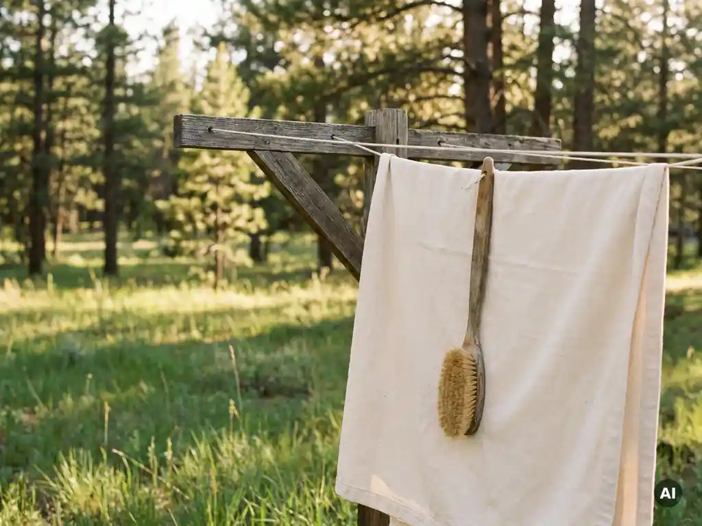 Schoon tentdoek hangend op een houten droogrek buiten, met een zachte borstel, omgeven door groen gras en dennenbomen in gouden middagzon.