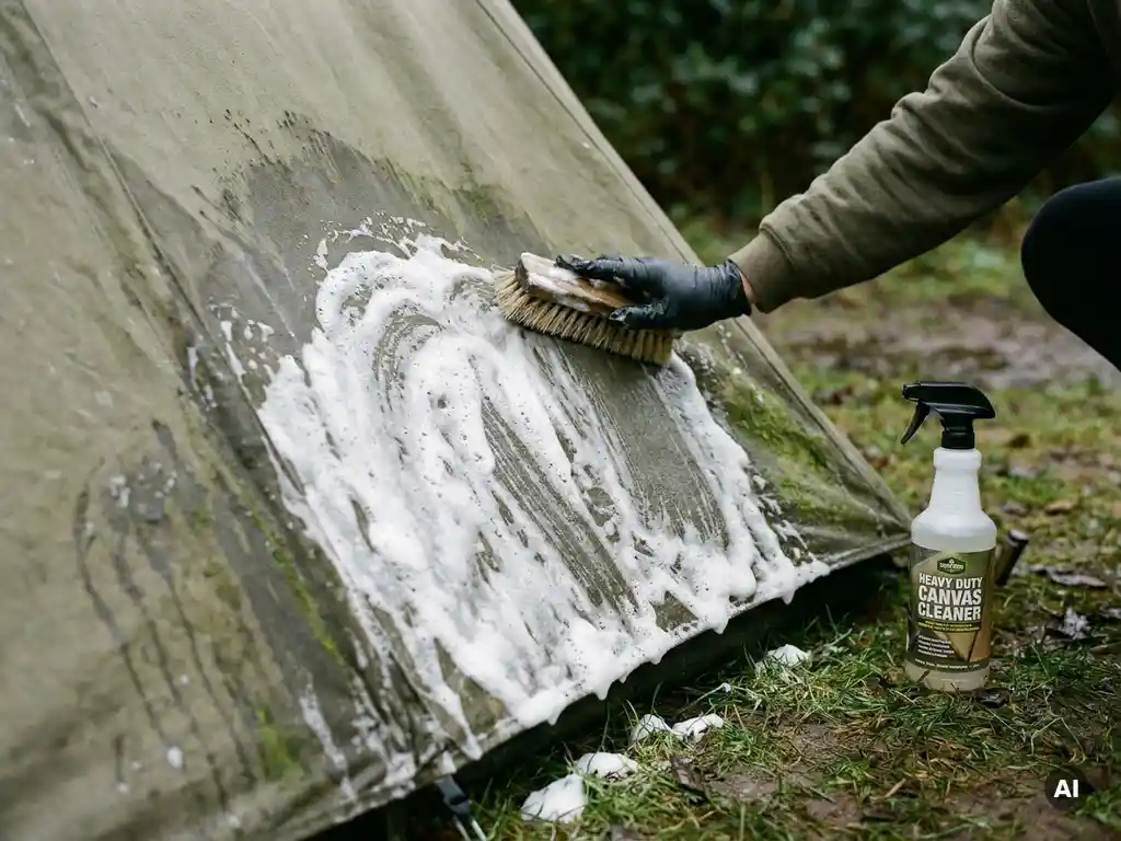 Vuil canvas tentpaneel dat wordt geborsteld met stijf borstel, wit schuim verwijdert grijs vuil en groene algenplekken van verweerde stof.