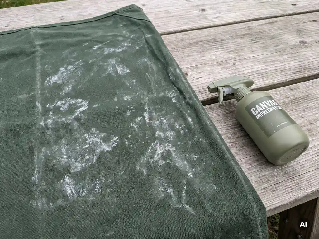 Donkergroen tentdoek met witte kalkachtige impregneerresidu's op houten picknicktafel, spuitfles impreeringsmiddel ernaast.