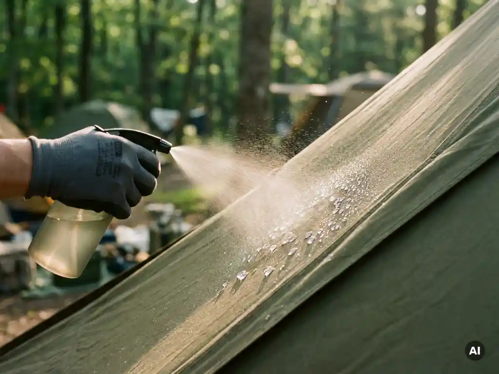Gehandschoende hand die waterafstotend middel sproeit op tentdoek, met waterdruppels op de behandelde stof en een wazige groene camping op de achtergrond.