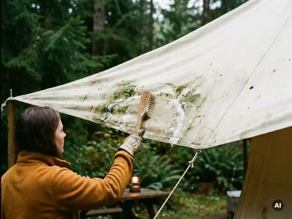 Kampeerder die groene algen van een canvas tentzonnescherm scrubt met een borstel, zeepschuim op crèmekleurig doek, beboste camping op de achtergrond.