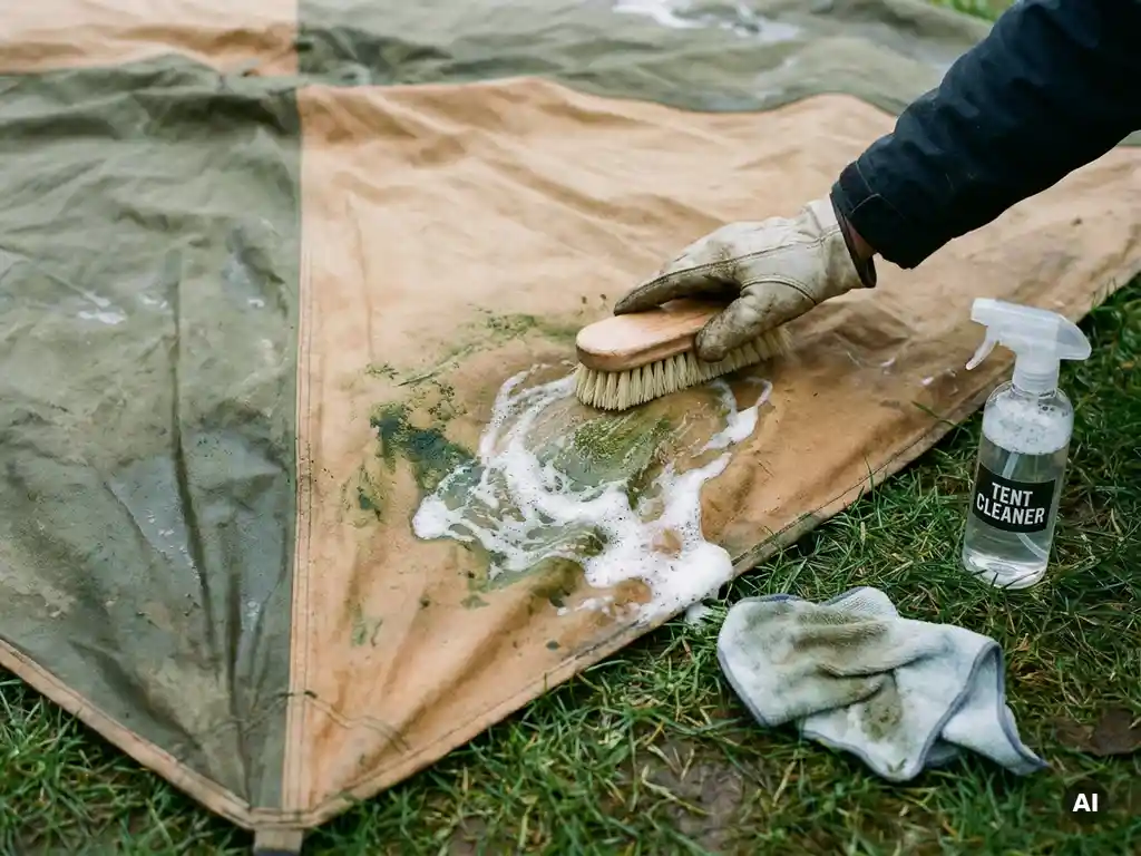 Tent plat op gras schoongemaakt met borstel, zeepschuim verwijdert groene algevlekken van verweerd canvas.