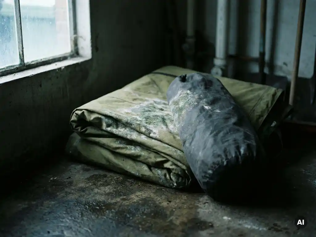 Opgevouwen campingtent in donkere garage met grijsgroene schimmelplekken op het canvas, verlicht door een smalle straal daglicht.