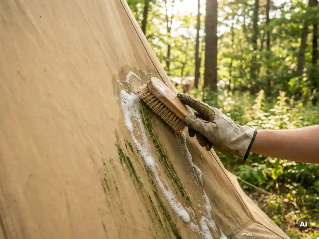 Gehandschoende hand die groene algevlekken van een beige canvas tent borstelt met zeepschuim, op een boscamping.
