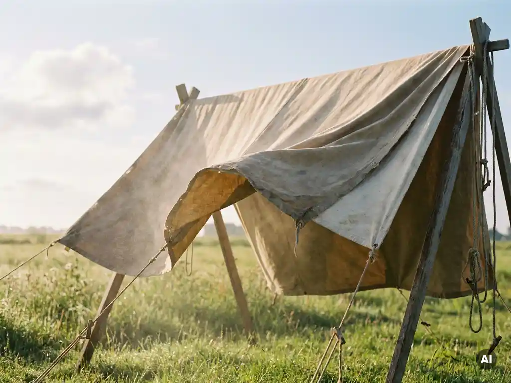 Groot canvas tentdoek op houten droogrek in Nederlandse weide, opgedroogd in warm ochtendlicht met lichtblauwe lucht op achtergrond.
