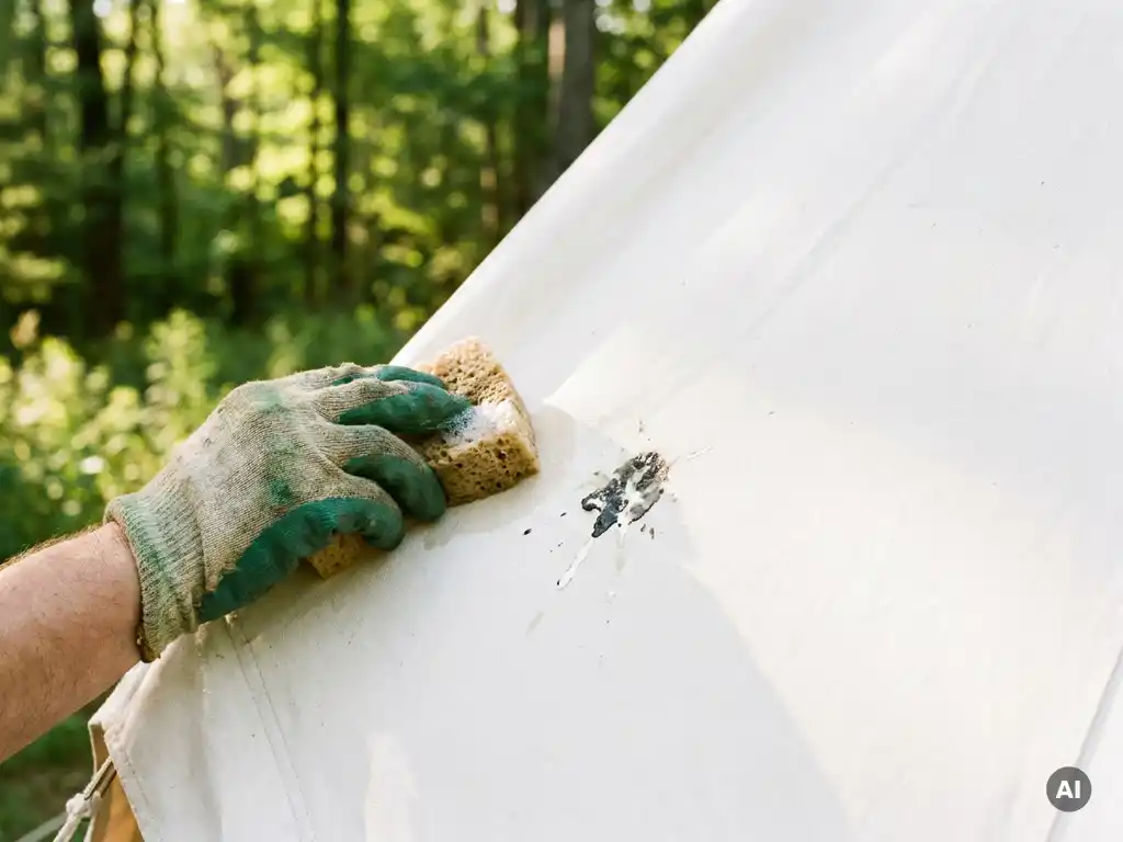 Gehandschoende hand die reinigingsmiddel aanbrengt op vogelpoep op wit canvas tentdoek, groene camping op de achtergrond.