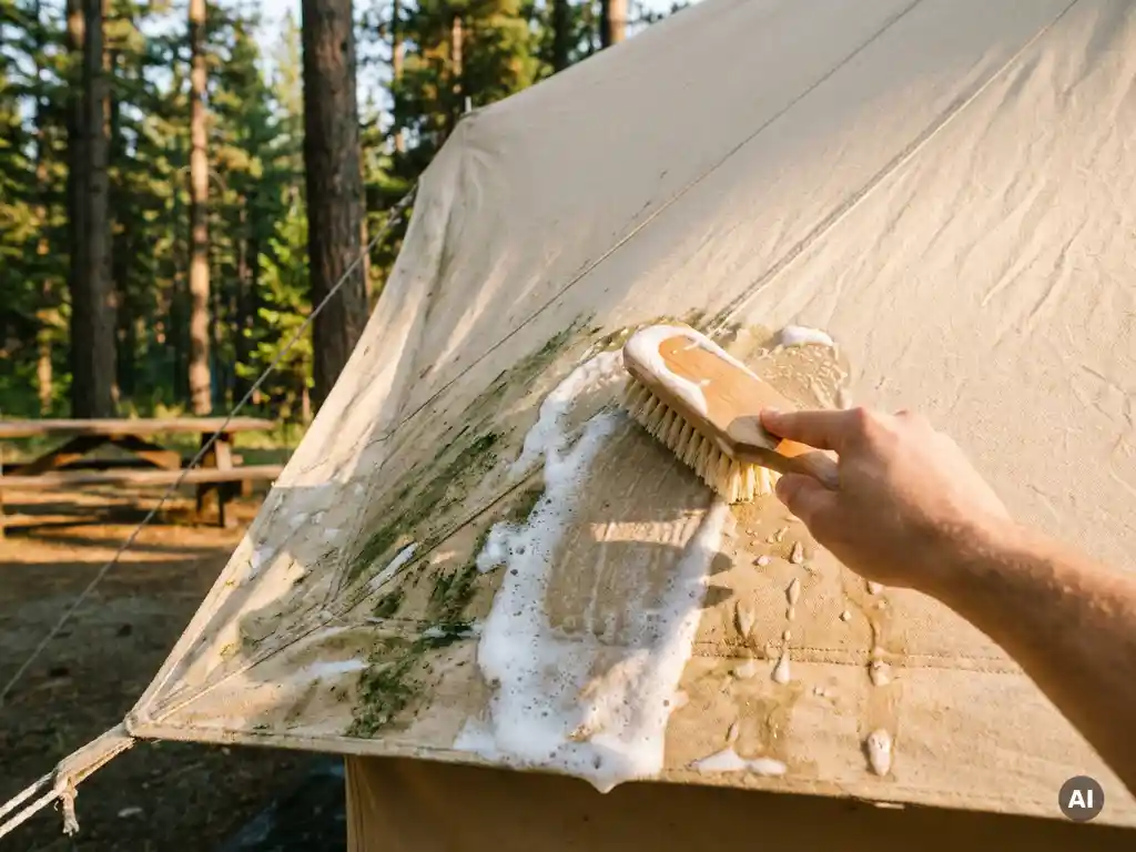 Canvasdoek van een tentluifel wordt met zeepschuim en zachte borstel gereinigd, groene algevlekken zichtbaar op het stof.
