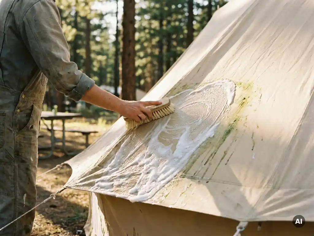 Persoon die groene algevlekken van een beige luifel scrubt met een zachte borstel en zeepschuim, op een zonnige camping tussen dennenbomen.