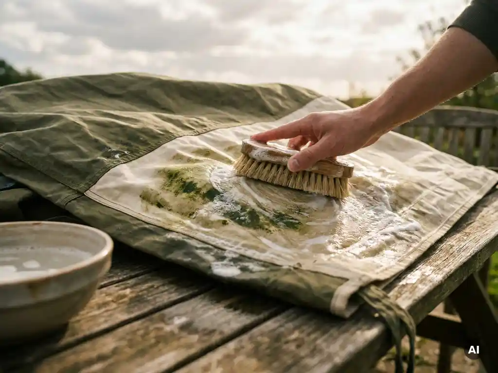 Zachte borstel verwijdert groene algevlekken van verweerd canvas tentdoek op houten tuintafel in voorjaarslicht.
