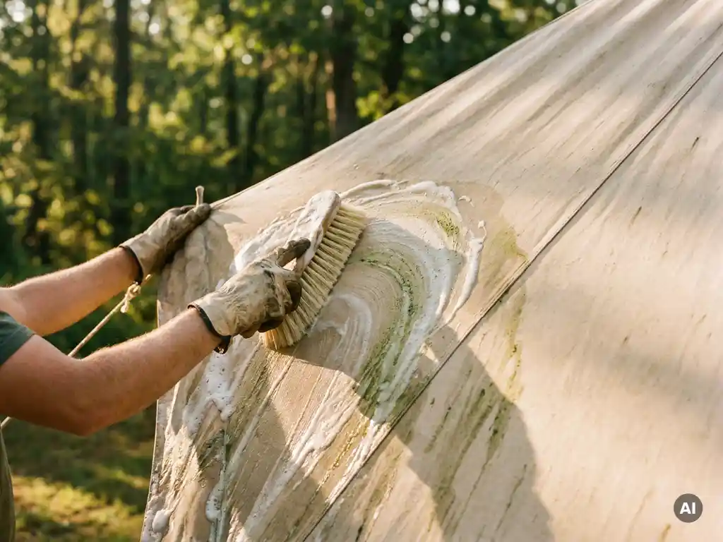 Handen die een beige canvas tentzeil schrobben met een borstel, zeepschuim verwijdert groene algenplekken, groene campingbomen op de achtergrond.