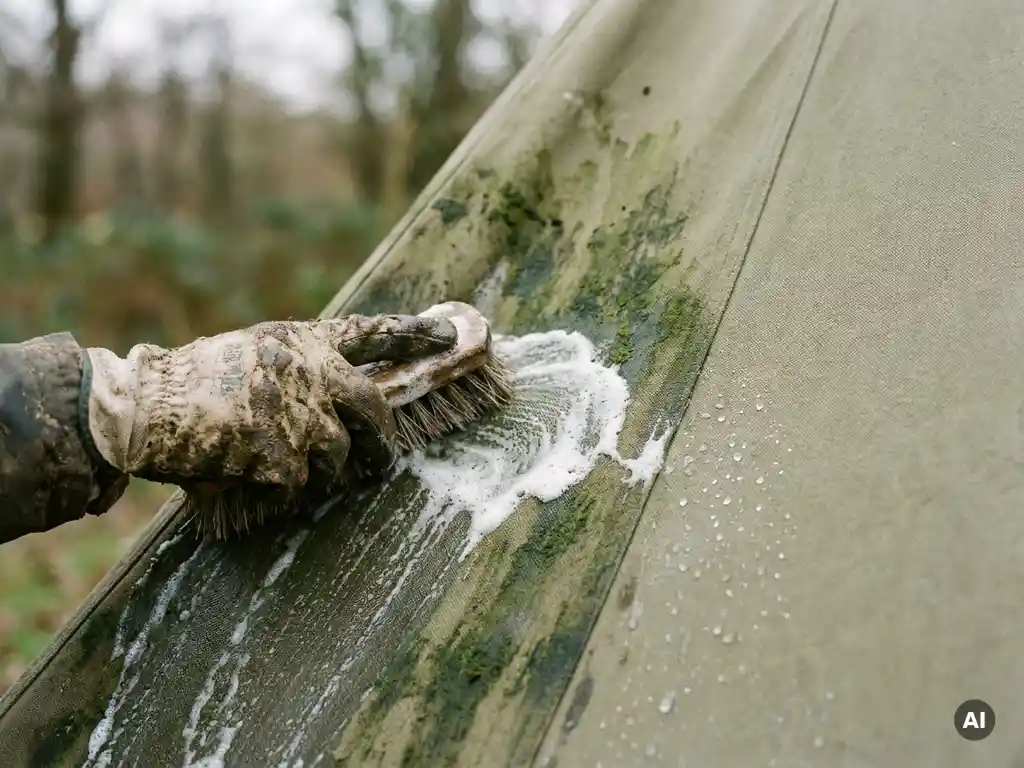 Gehandschoende hand die groene algen en mosvlekken van een canvas tent schrobt met borstel en schuimend reinigingsmiddel.
